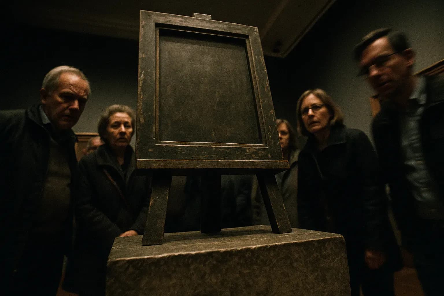 A weathered art museum display stand, empty, with a plaque reading "'The Just Judges'," symbolizing Belgium's enduring mystery of the missing Ghent Altarpiece panel, surrounded by visitors peering at the vacant space