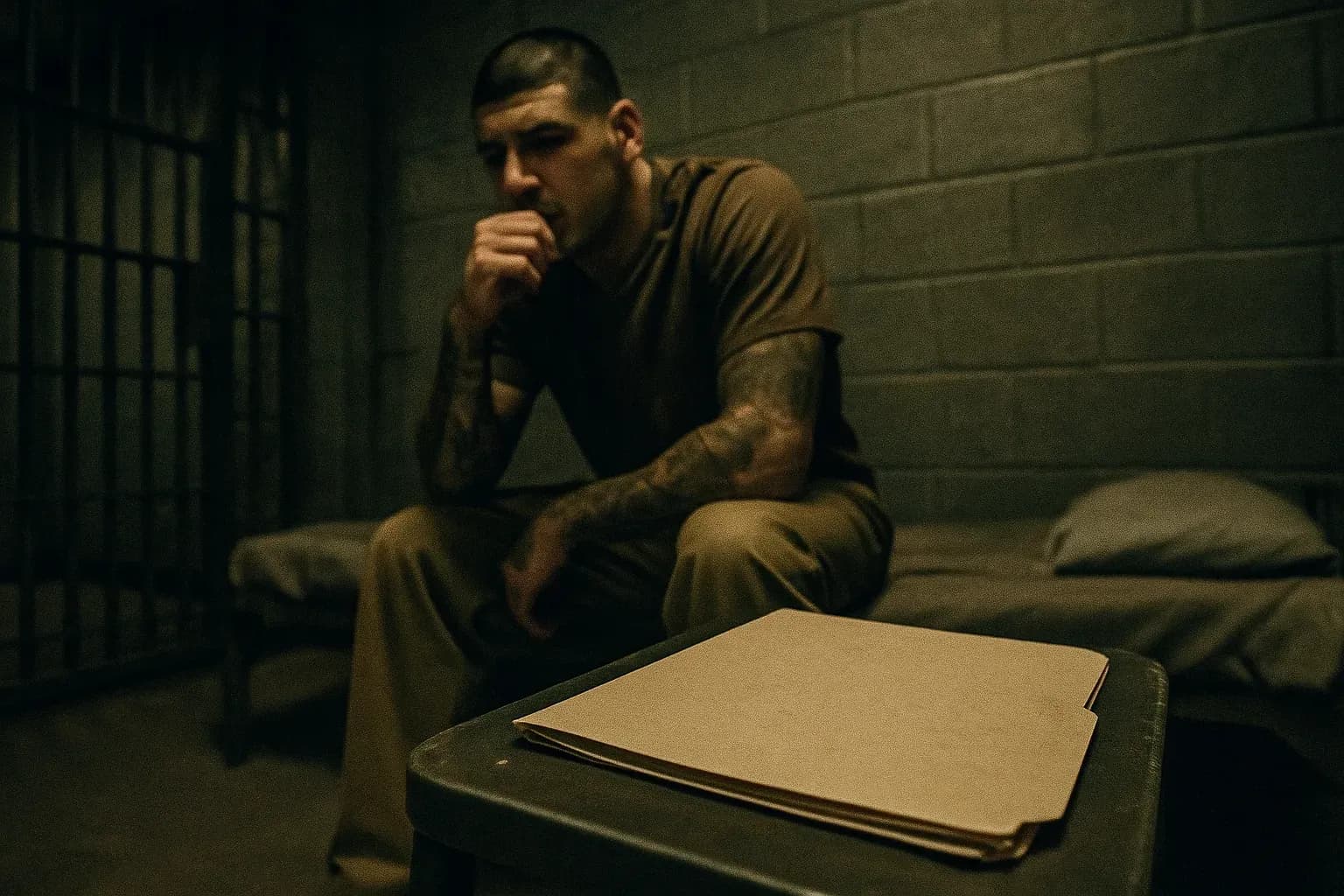 A figure resembling Aaron Hernandez sits contemplatively in a dimly lit prison cell, an autopsy report folder related to CTE rests on a small table nearby, symbolizing his tragic fall and brain condition revelation.