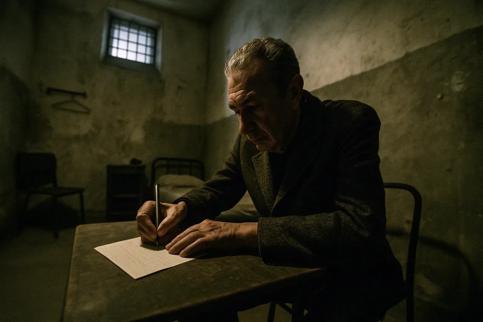 A figure resembling Aldo Moro sits in a dimly lit, cluttered room, writing a letter on a small table, surrounded by sparse furnishings and signs of confinement.