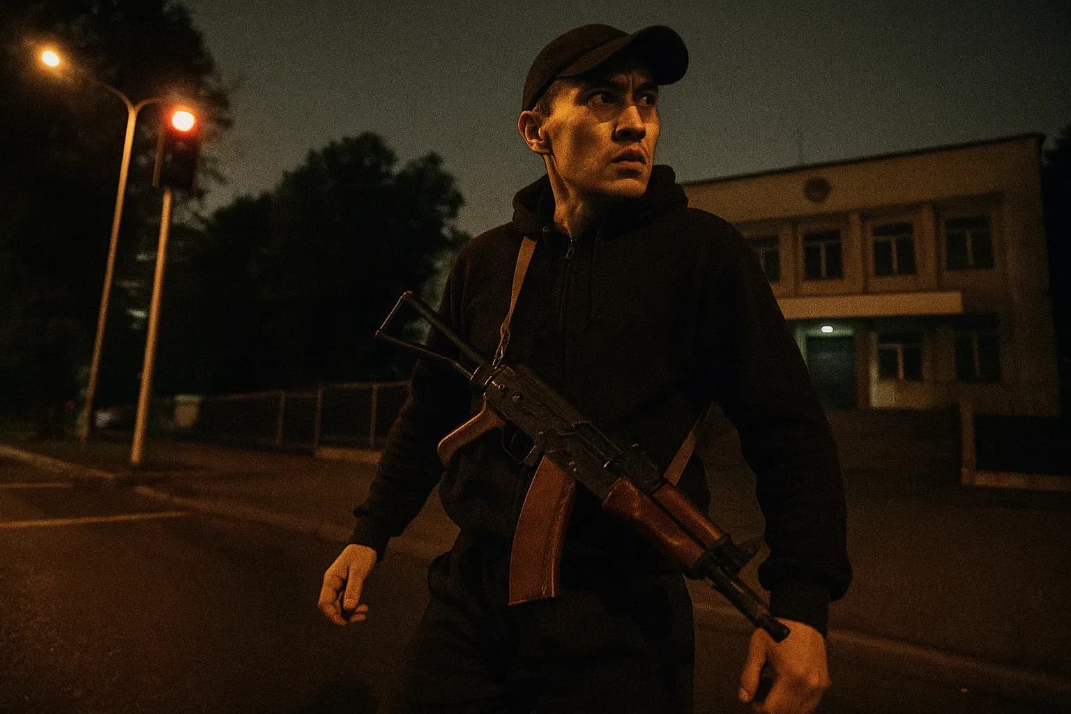 A figure resembling Ruslan Kulikbayev, armed and tense, stands near the Almaly police station in Almaty, an AKS-74U rifle slung across his shoulder, capturing the tension of the 2016 terror attack.