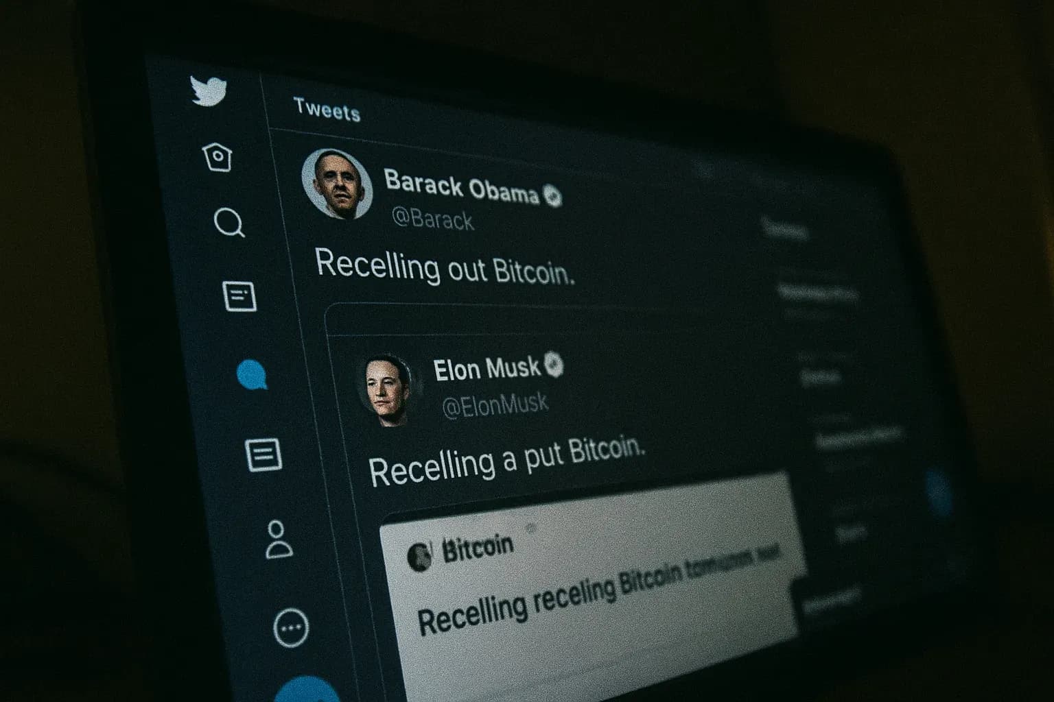 A computer screen displaying a Twitter interface with prominent hacked account names like Obama and Musk, showing unfamiliar tweets about Bitcoin, exemplifying the massive 2020 Twitter security breach by Graham Ivan Clark.