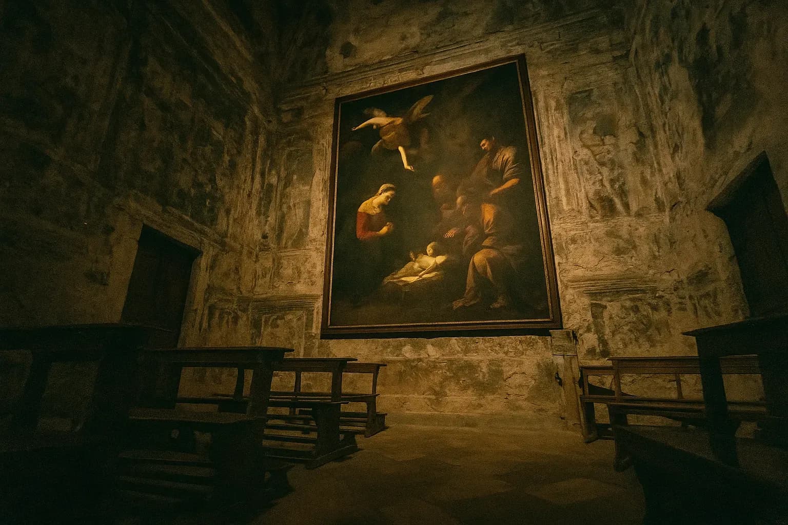 A replica of Caravaggio's *Nativity* hangs in the dimly lit Oratory of San Lorenzo, surrounded by peeling frescoes and worn pews, symbolizing Palermo's long-standing art mystery and the persistent shadow of Mafia influence.