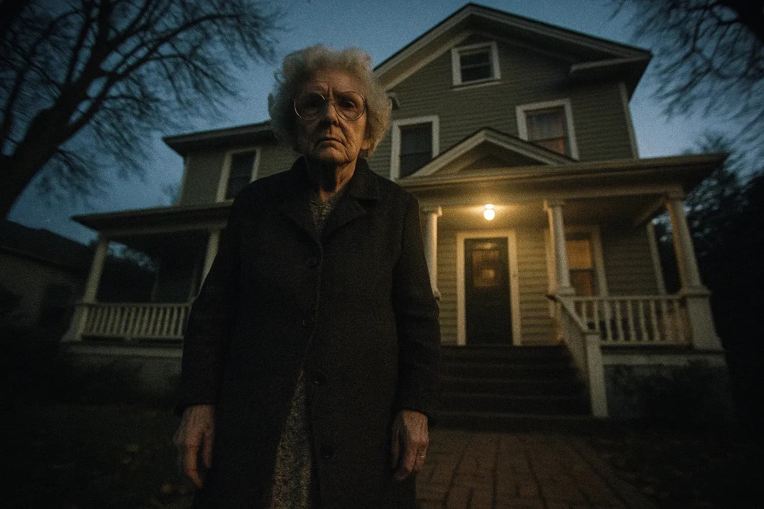 A figure resembling Dorothea Puente stands in front of her boarding house at 1426 F Street, Sacramento, a deceptively quaint facade hiding a dark history within its walls.