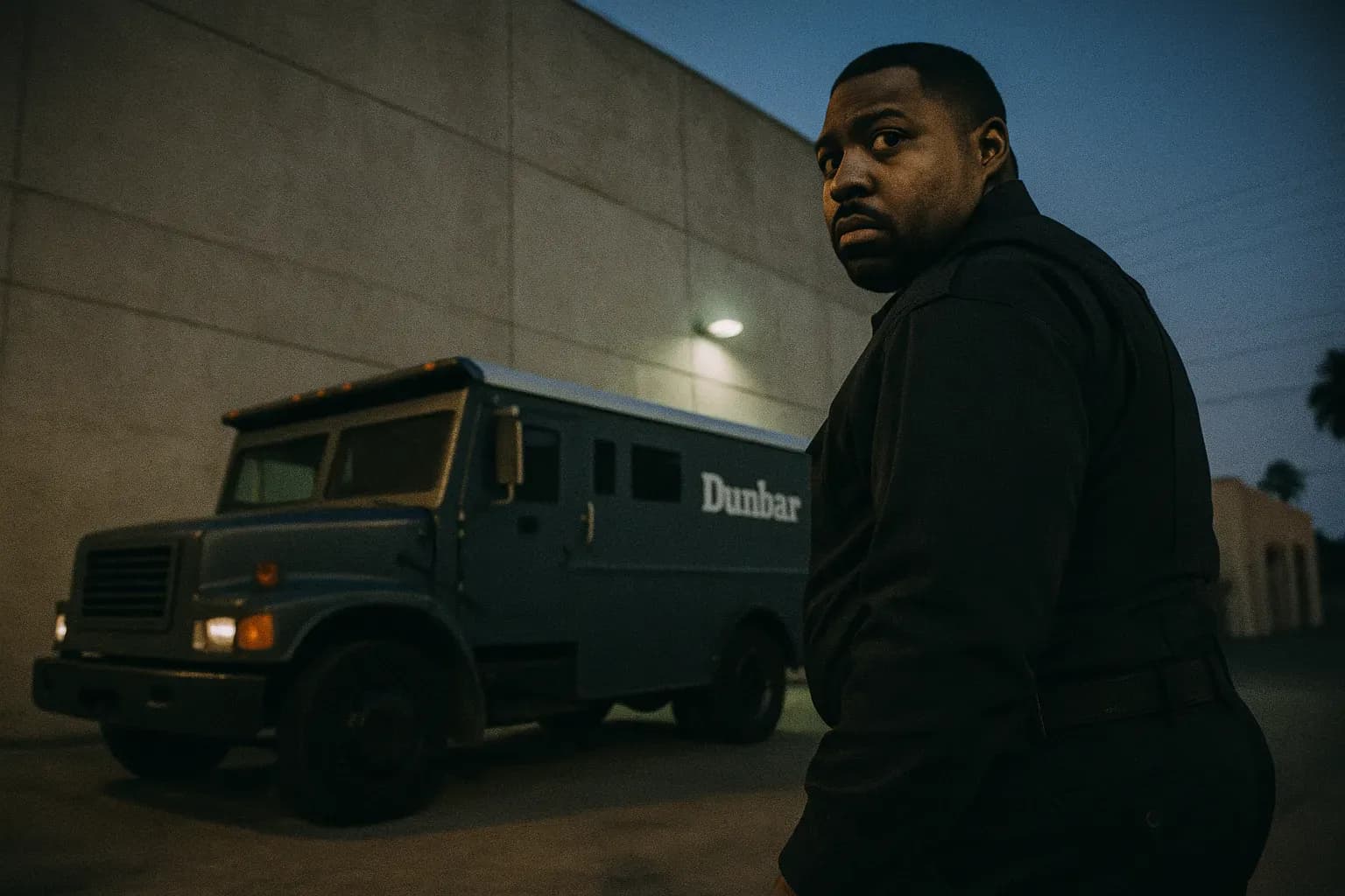 A figure resembling Allen Pace III stands in front of a nondescript Los Angeles building, looking over his shoulder. A vintage Dunbar Armored truck is parked in the background, symbolizing the infamous $18.9M heist.