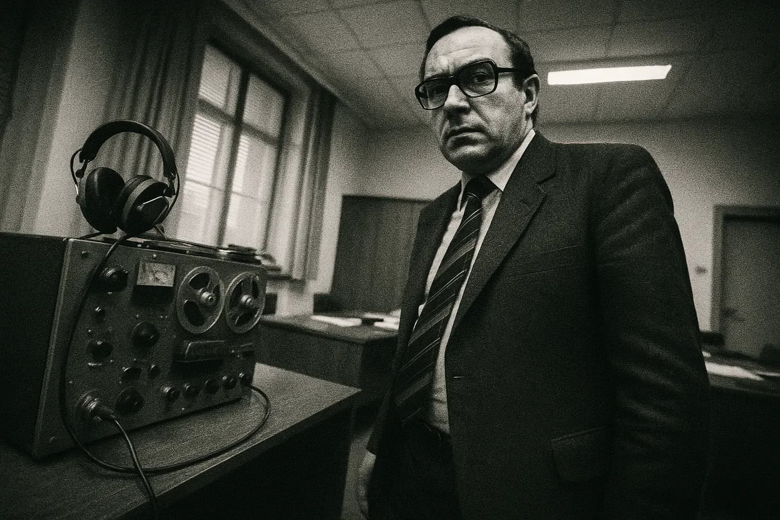 A figure resembling Günter Guillaume stands near a wiretap device in an office reminiscent of a government building, reflecting his covert role as a Stasi spy.