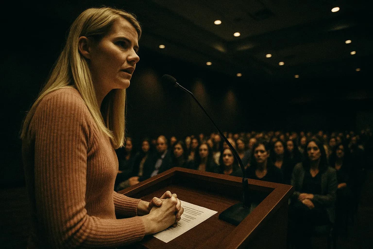 A figure resembling Elizabeth Smart, now an adult, speaks at a podium during a victim advocacy conference, surrounded by an attentive audience in a dimly lit auditorium.