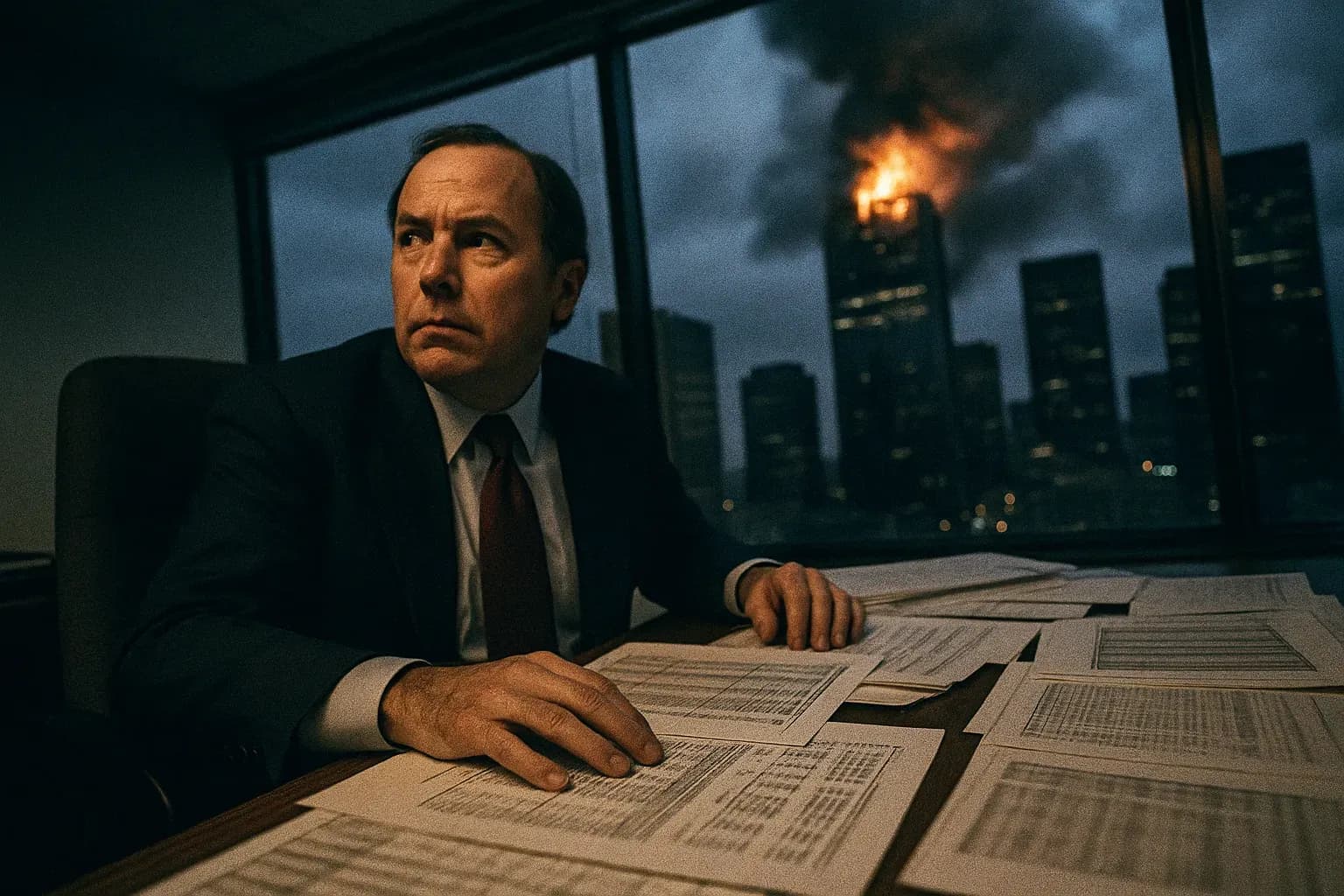 A figure resembling Jeffrey Skilling sits at an office desk stacked with financial documents, his gaze outward toward the chaotic cityscape representing Enron's fall, a subtle tension etched on his face.