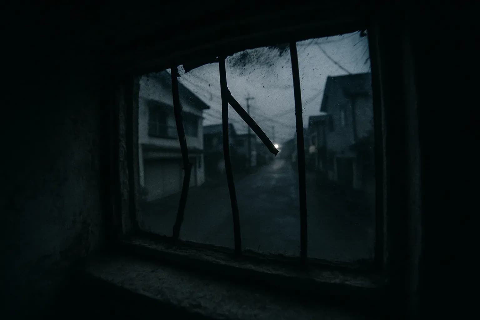 A small, neglected apartment window in Kashiwazaki, grime-covered with broken bars, hints of nine years of confinement, overlooking a shadowy, desolate street below.