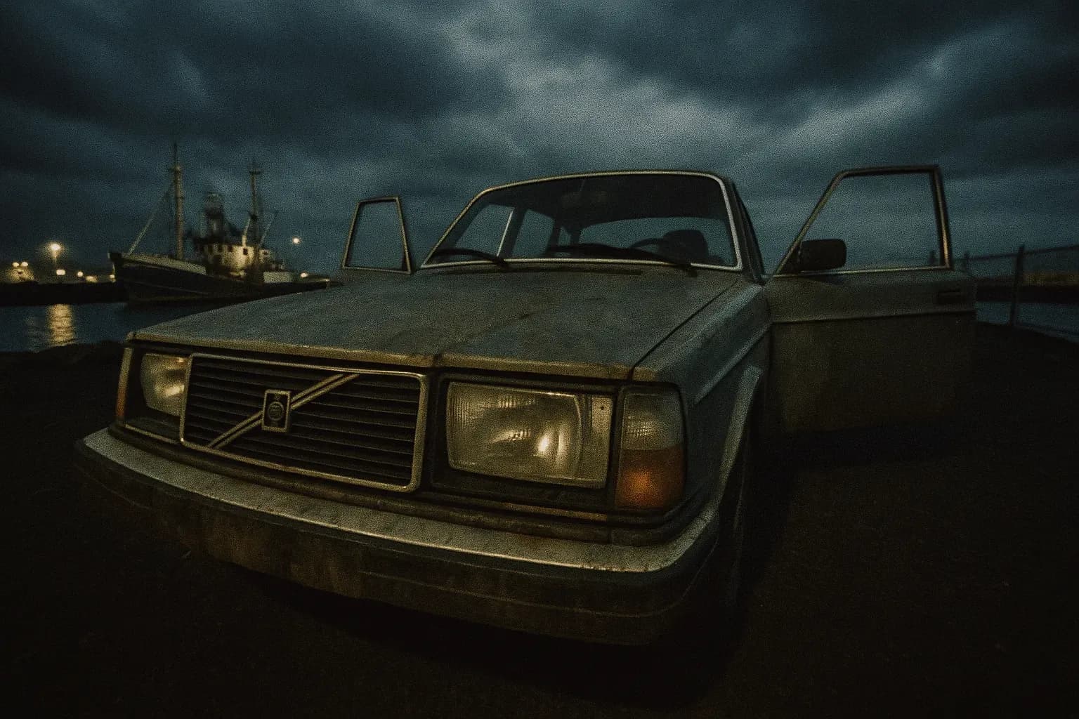 An abandoned Volvo car sits at Keflavik harbor, its doors slightly ajar, under the ominous sky of November 1974—a haunting clue in the unsolved disappearances of Guðmundur and Geirfinnur.