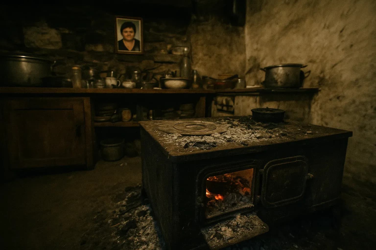 A rustic kitchen with an old iron oven surrounded by ash and charred debris, suggesting recent use. A small framed photograph of Olga Dogaru rests on a cluttered shelf above, possibly hinting at her connection to the scene.