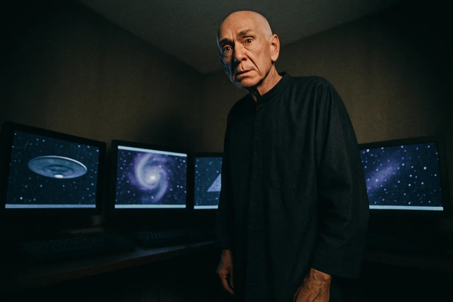 A figure resembling Marshall Applewhite stands in a dimly lit room, surrounded by computers displaying Heaven's Gate's digital legacy files, a symbol of his enduring influence over the cult's online presence.