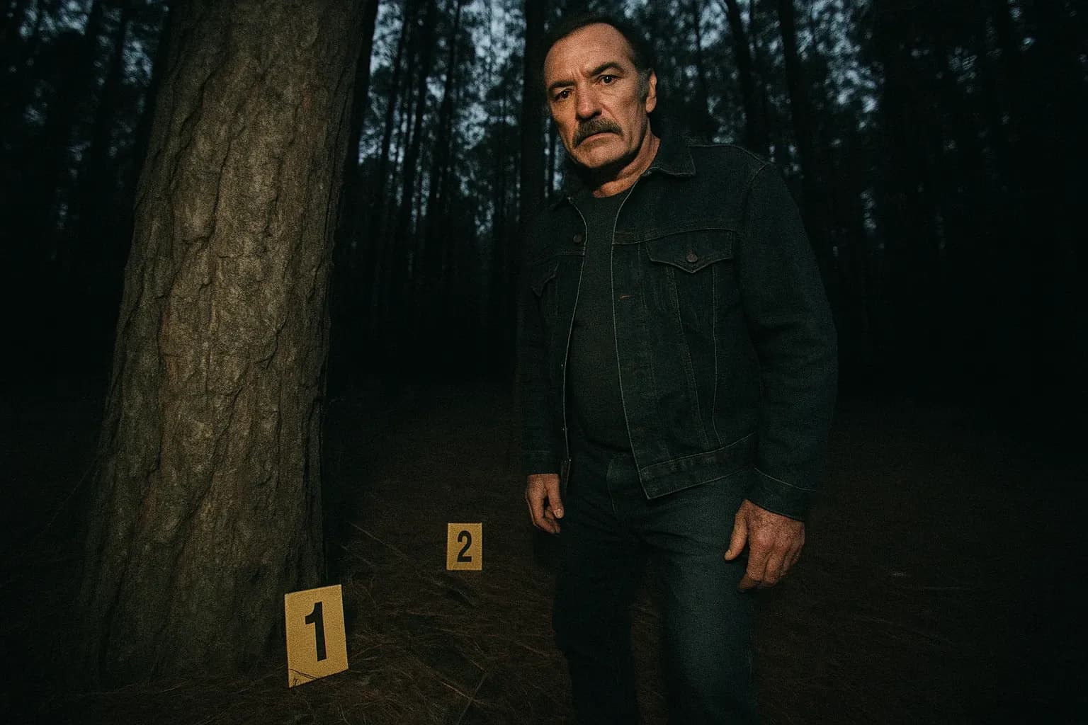 A figure resembling Ivan Milat, standing beside a tree with police forensic markers in Belanglo State Forest, a location infamous for the backpacker murders that shocked Australia.