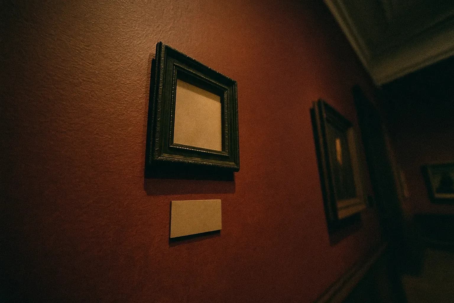 A small, empty picture frame with a label for Rembrandt's "Jacob de Gheyn III" hangs on a wall of the Dulwich Picture Gallery, signifying its infamous history as the world's most stolen painting.