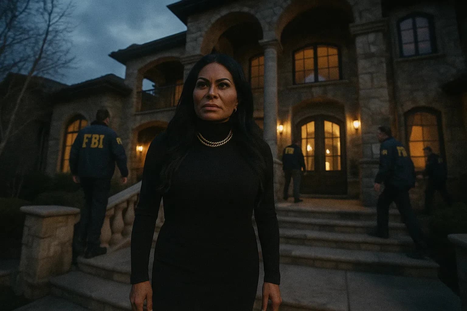 A figure resembling Jen Shah stands on the front steps of a luxurious villa in Utah, as FBI agents in dark jackets with visible badges search the premises.