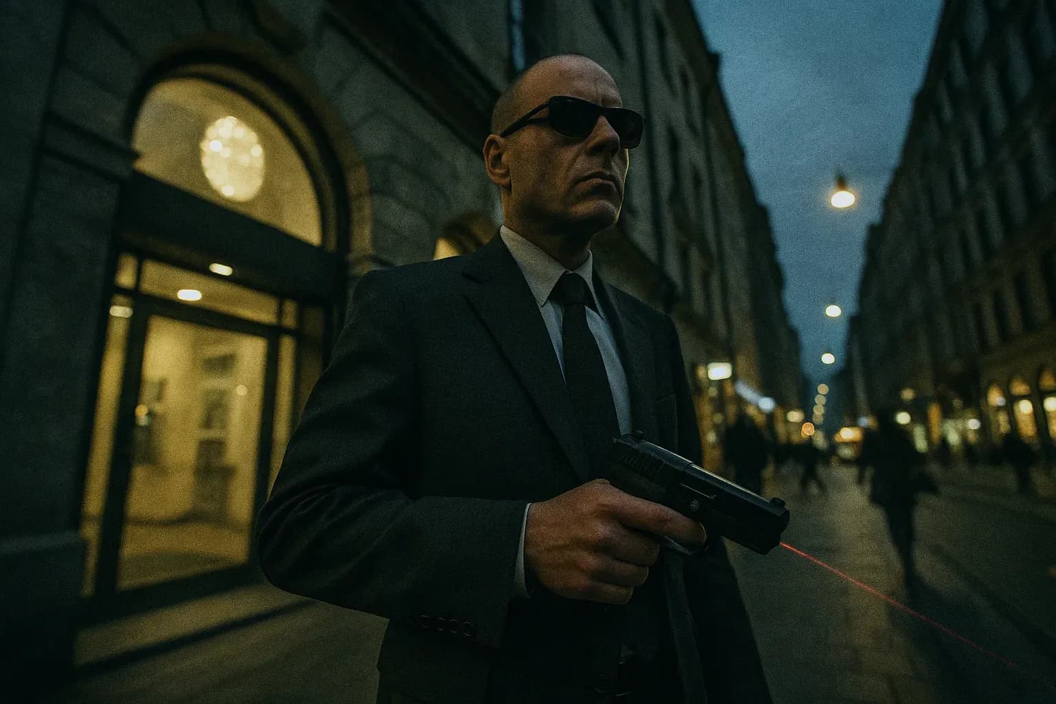 A figure resembling John Ausonius stands outside a bank in Sweden, wearing a suit and sunglasses, discreetly holding a laser-sighted handgun, exuding a sense of calm determination amid the bustling streets.