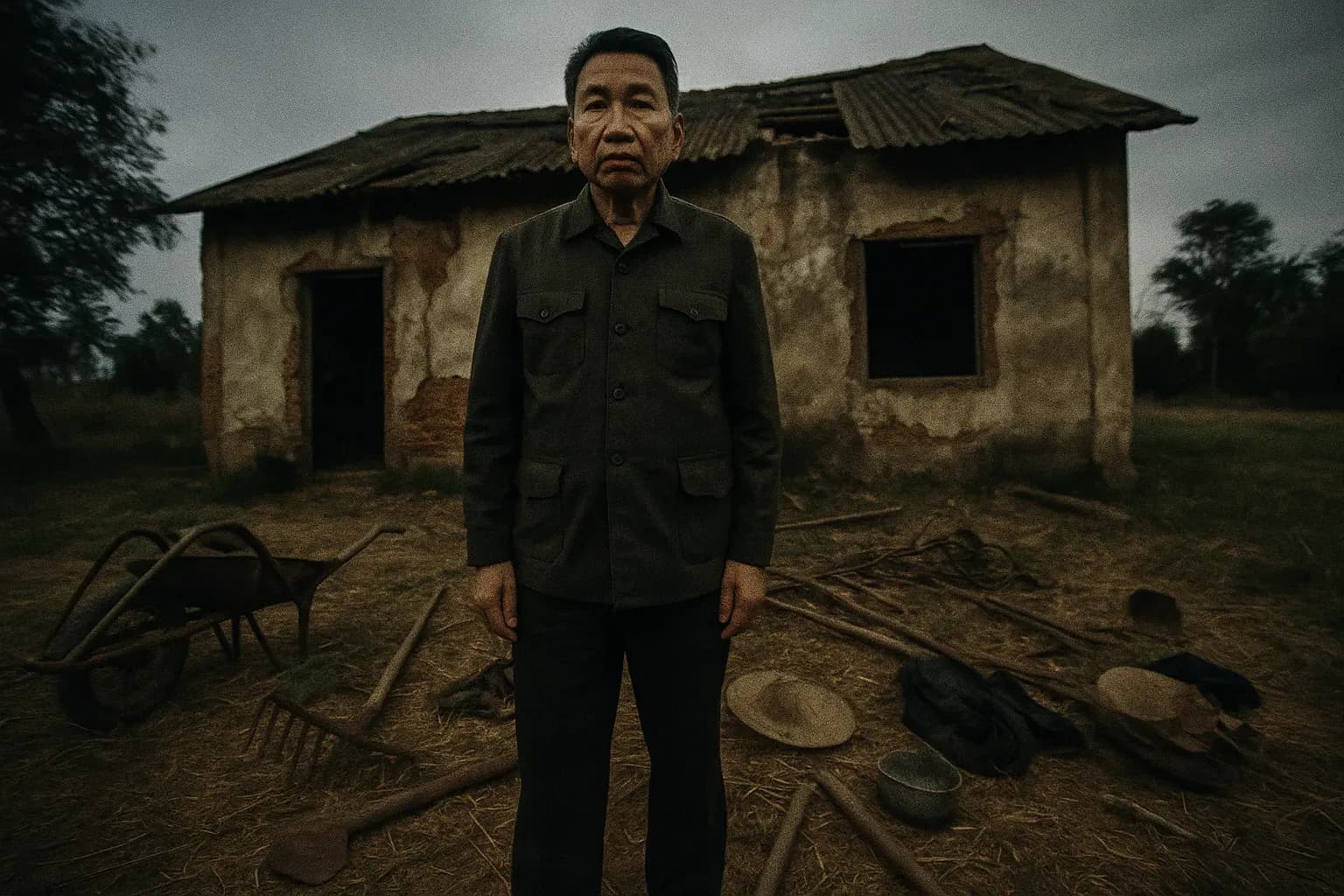 A figure resembling Pol Pot stands in front of a dilapidated building in rural Cambodia, surrounded by the remnants of forced labor paraphernalia, like rusted farming tools and abandoned personal belongings, symbolizing the Khmer Rouge's oppressive regime.