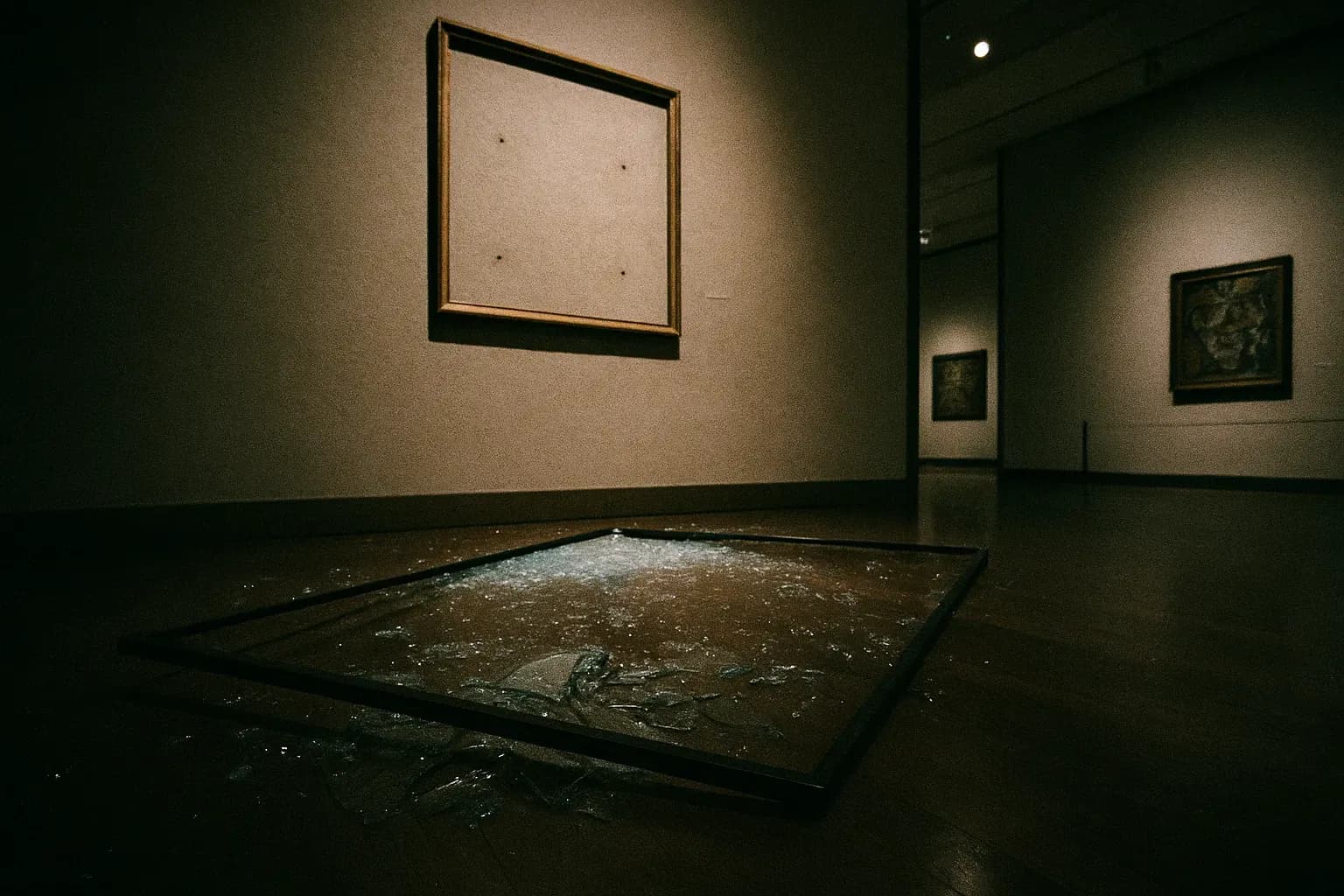 A broken museum display case inside Musée d'Art Moderne, its protective glass scattered on the floor, framing the empty spot where Picasso's *Le Pigeon aux Petits Pois* once hung