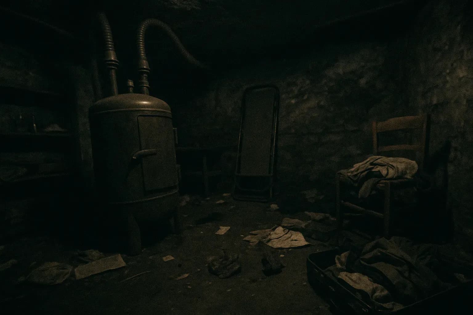 A chimney fire on Rue Le Sueur reveals a grim cellar, cluttered with makeshift gas chamber apparatus and scattered belongings, evidence of Marcel Petiot’s sinister promises of escape.