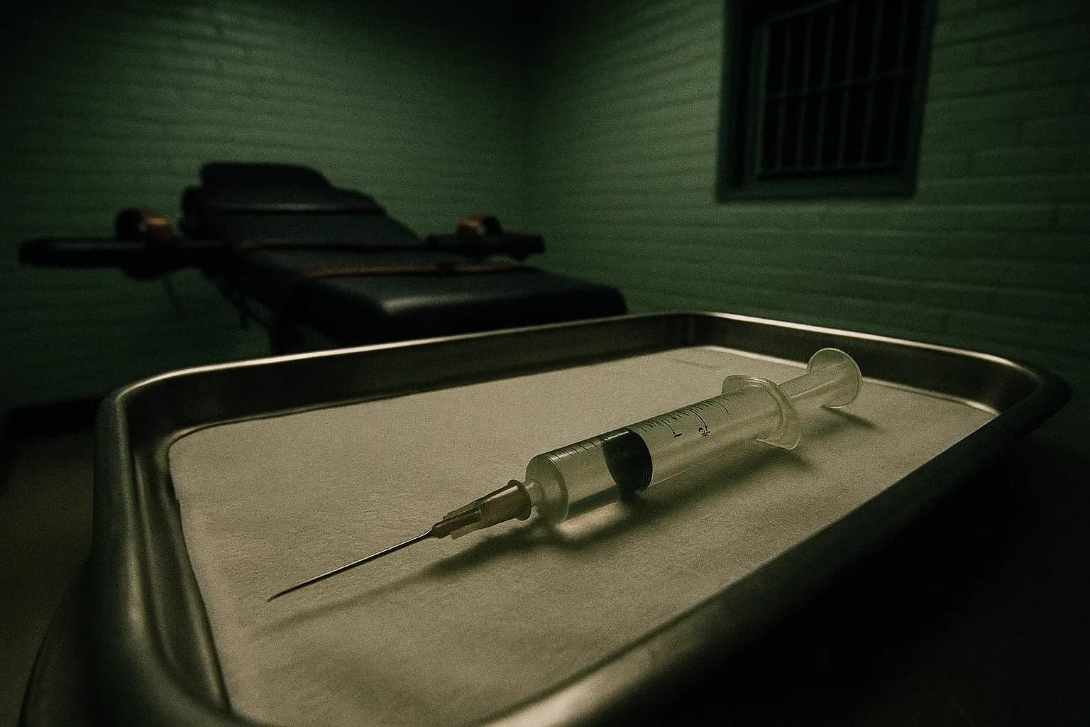 A syringe filled with liquid sits on a sterile tray in a North Carolina prison, symbolizing the method of execution for Velma Barfield, the first woman executed by lethal injection.