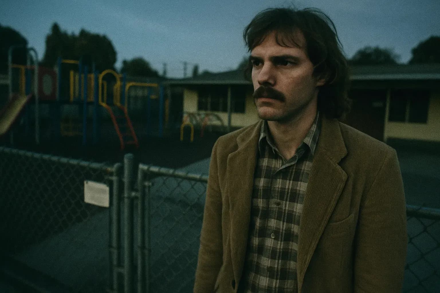 A figure resembling Ray Buckey stands outside a closed McMartin Preschool, a small sign on the gate, surrounded by an empty playground with colorful but worn equipment.
