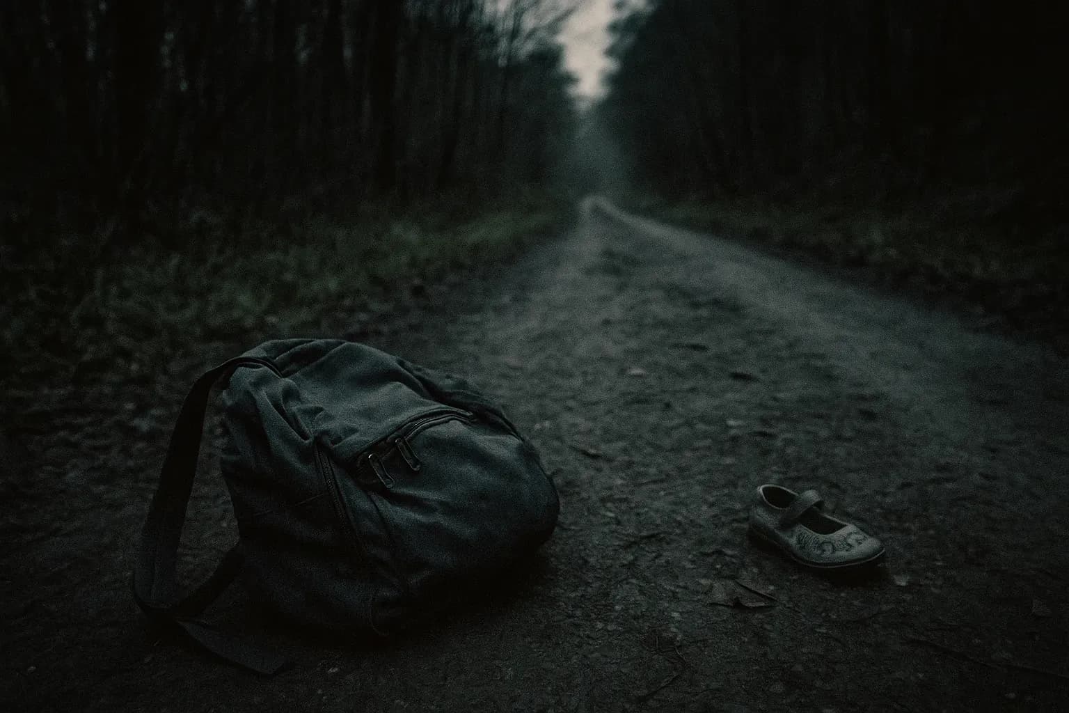 A deserted forest path near Beauraing with an abandoned, weathered backpack and a child's shoe lying nearby, symbolizing Marie-Ascension's 2003 escape and the unraveling of Michel Fourniret and Monique Olivier's sinister crimes