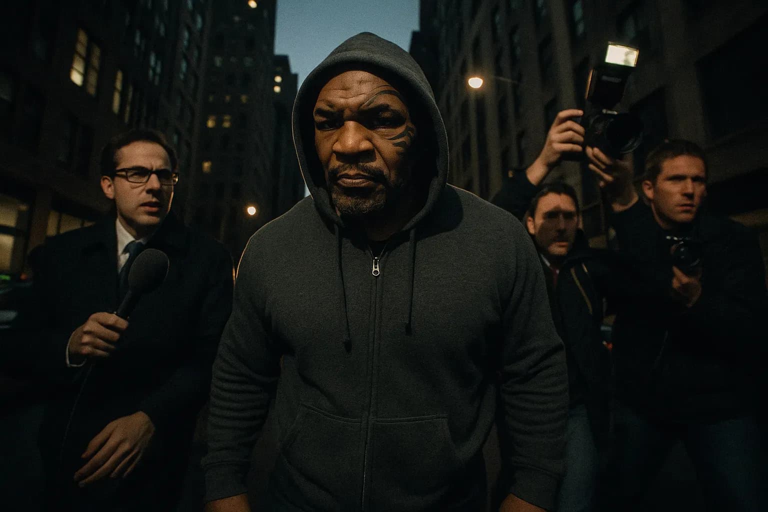A figure resembling Mike Tyson walks through a New York street, wearing a dark hoodie, flanked by reporters and photographers, cameras in hand, capturing the charged atmosphere around him amidst the new accusations in 2023.