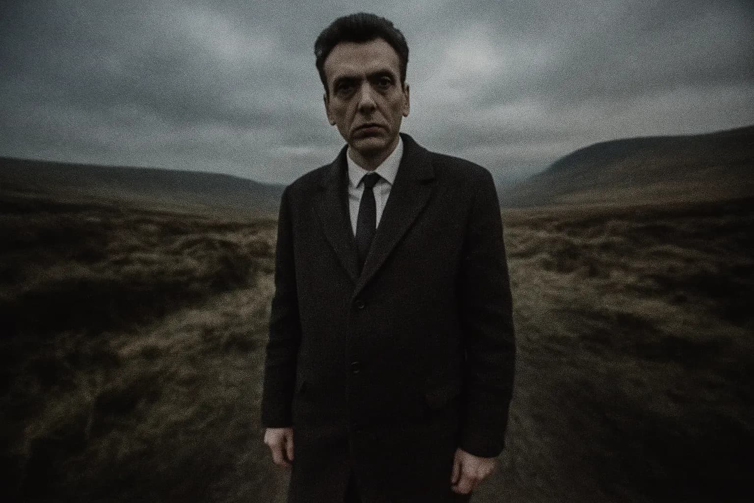 A figure resembling Ian Brady stands amidst the desolate landscape of Saddleworth Moor, with distant hills shrouded in mist.