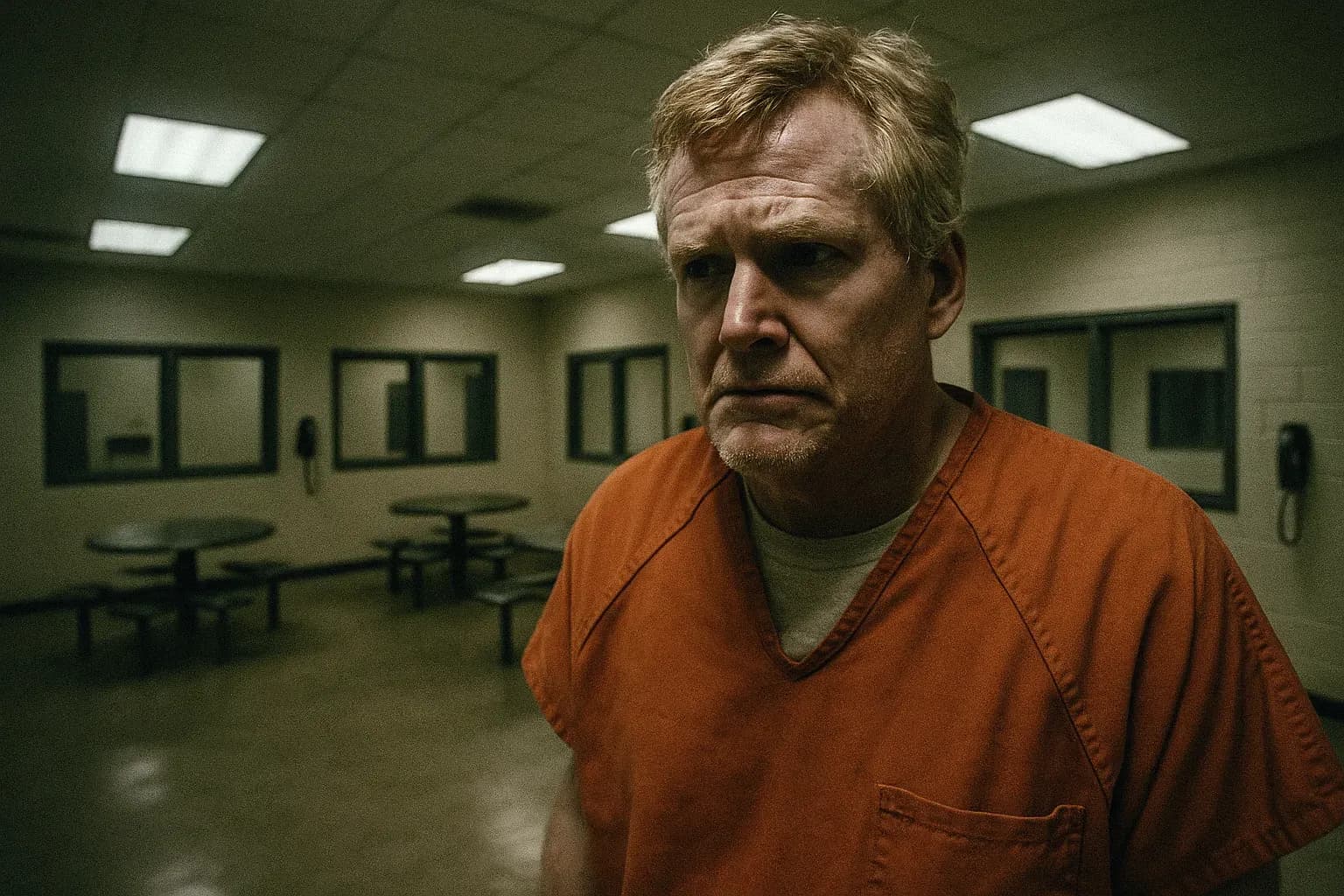 A figure resembling Alex Murdaugh, disheveled and wearing an orange prison jumpsuit, stands against the backdrop of a prison visitation room, his expression revealing stress and contemplation.