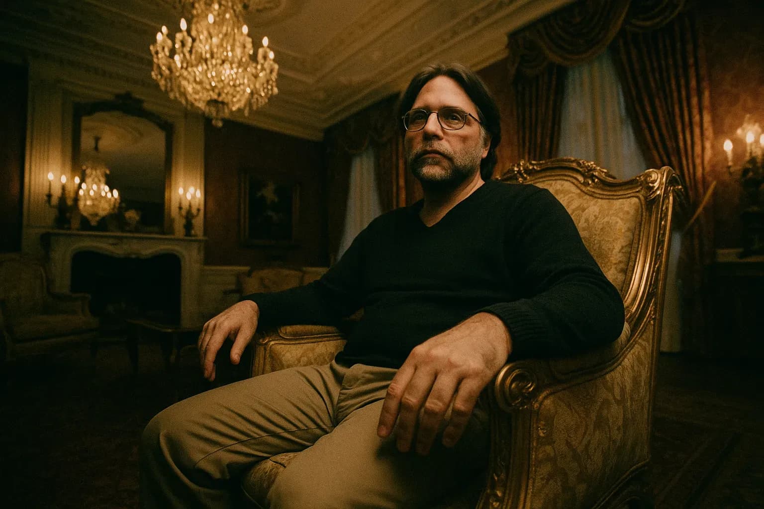 A figure resembling Keith Raniere sits in a lavish room adorned with opulent decor, a symbol of the NXIVM cult's hidden life of luxury and control.