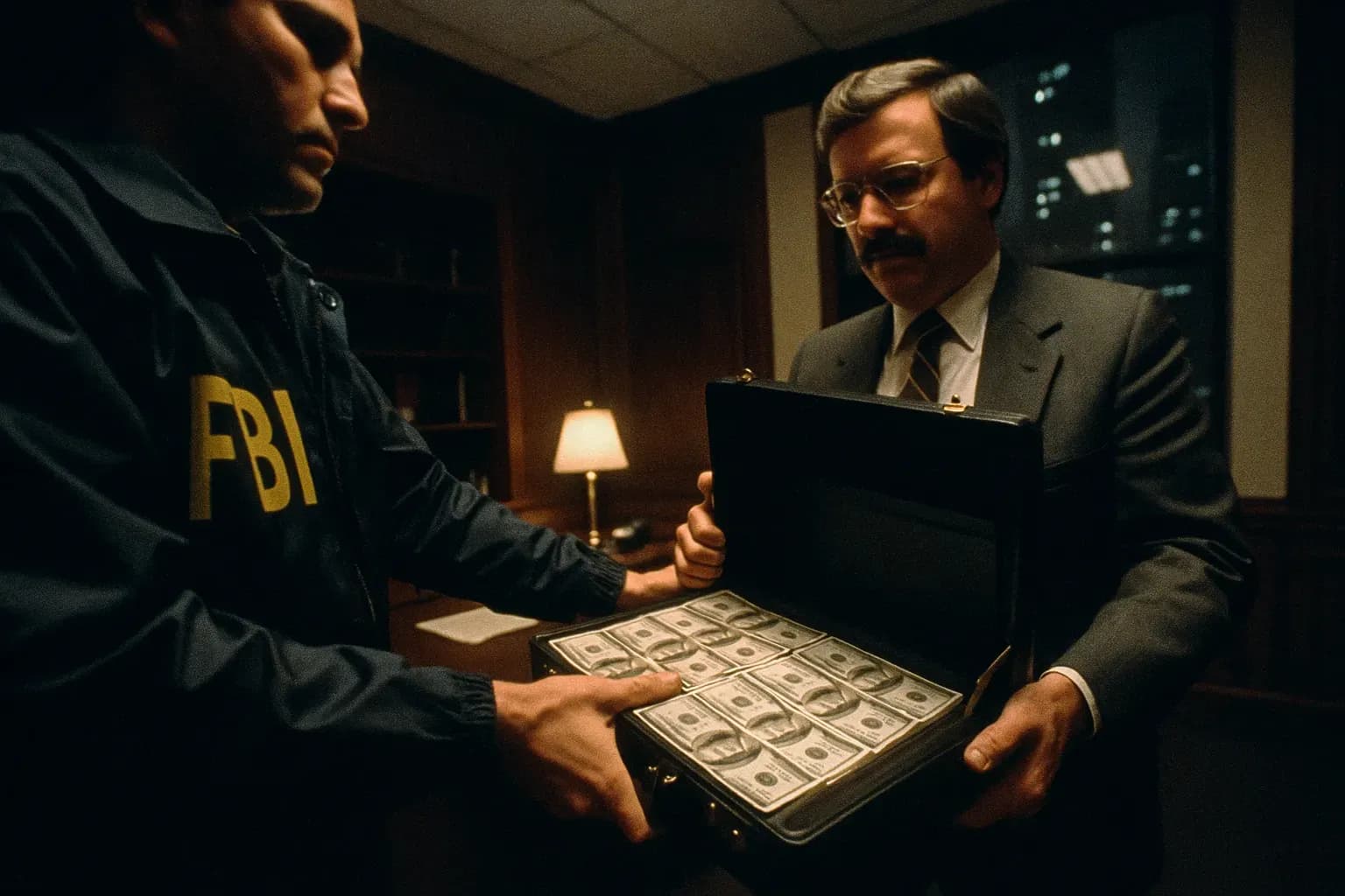 An FBI undercover agent hands over a briefcase filled with cash to a figure resembling Terrence Hake in a dimly lit Chicago office, symbolizing the corruption exposé of Operation Greylord