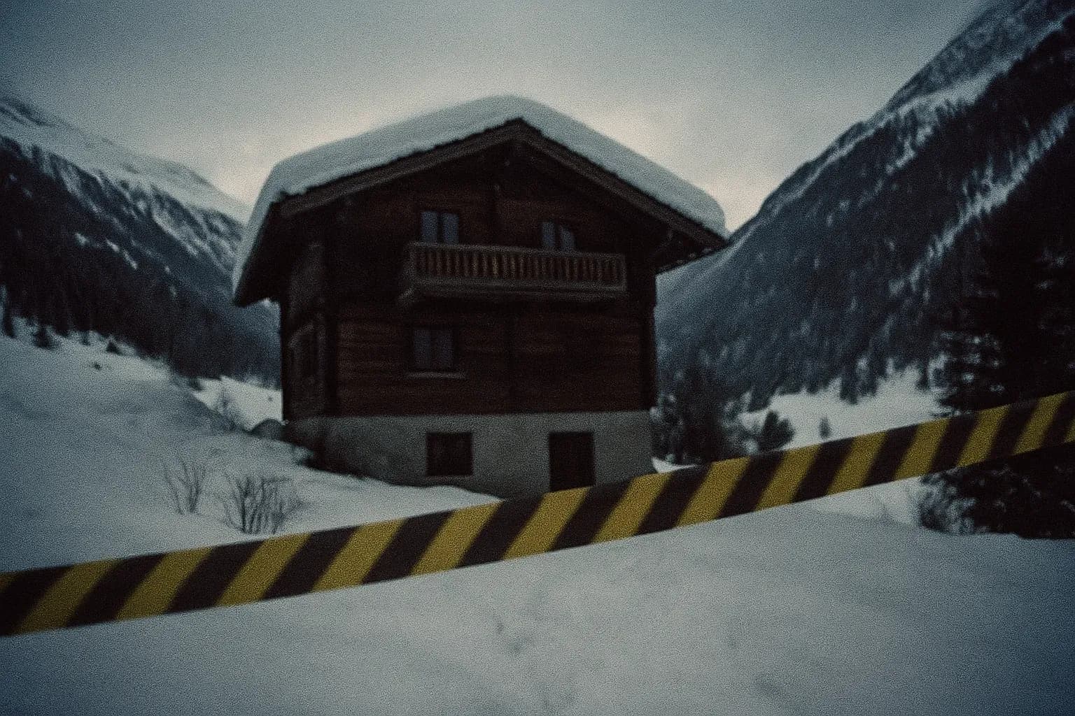 A remote chalet in the Swiss Alps surrounded by snow, police tape marking off the area where the Order of the Solar Temple's tragic mass suicide occurred, a sense of eerie silence and desolation