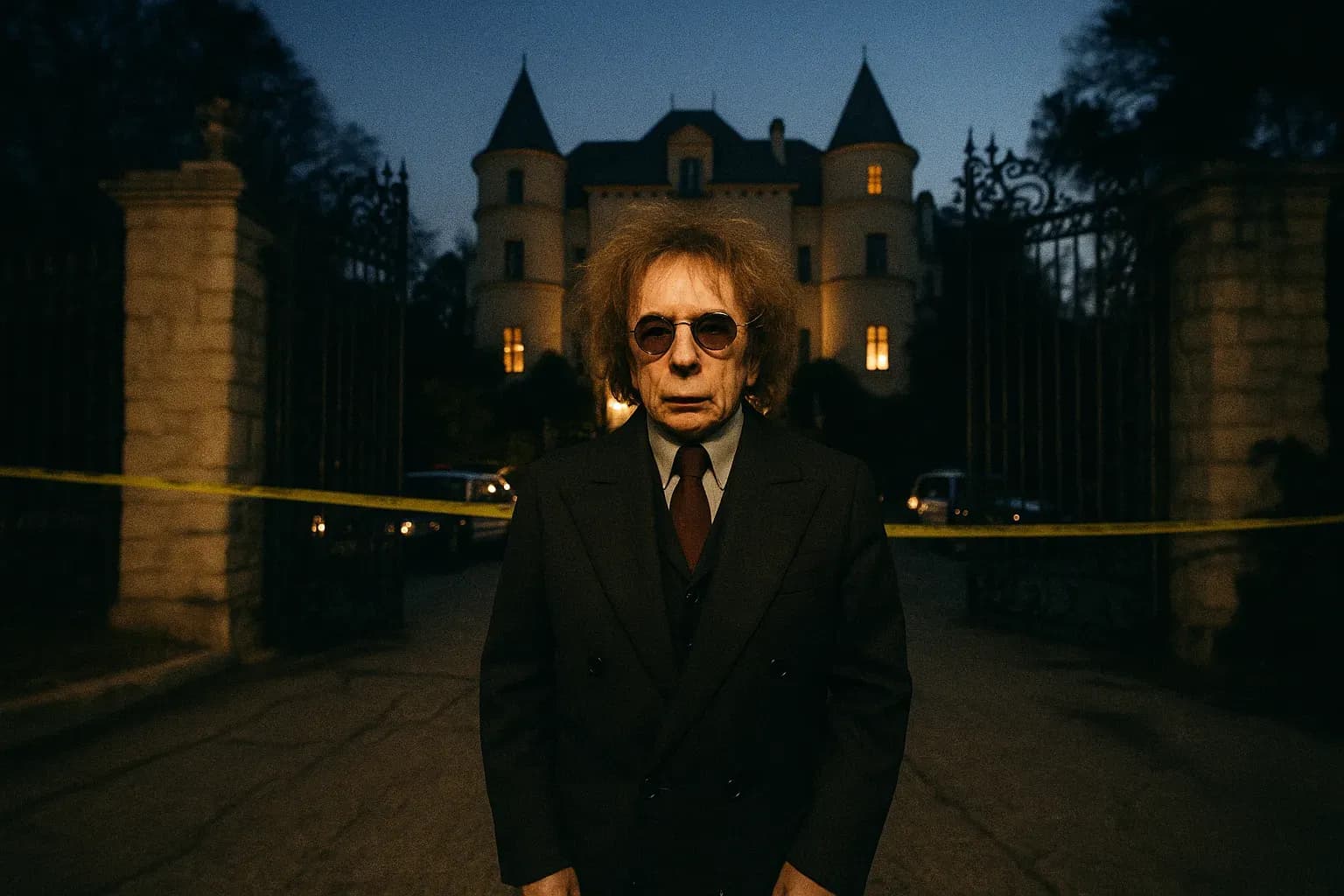 A figure resembling Phil Spector stands in front of the ornate entrance of Pyrenees Castle, a grand mansion with imposing gates, surrounded by police tape and distant vehicles.