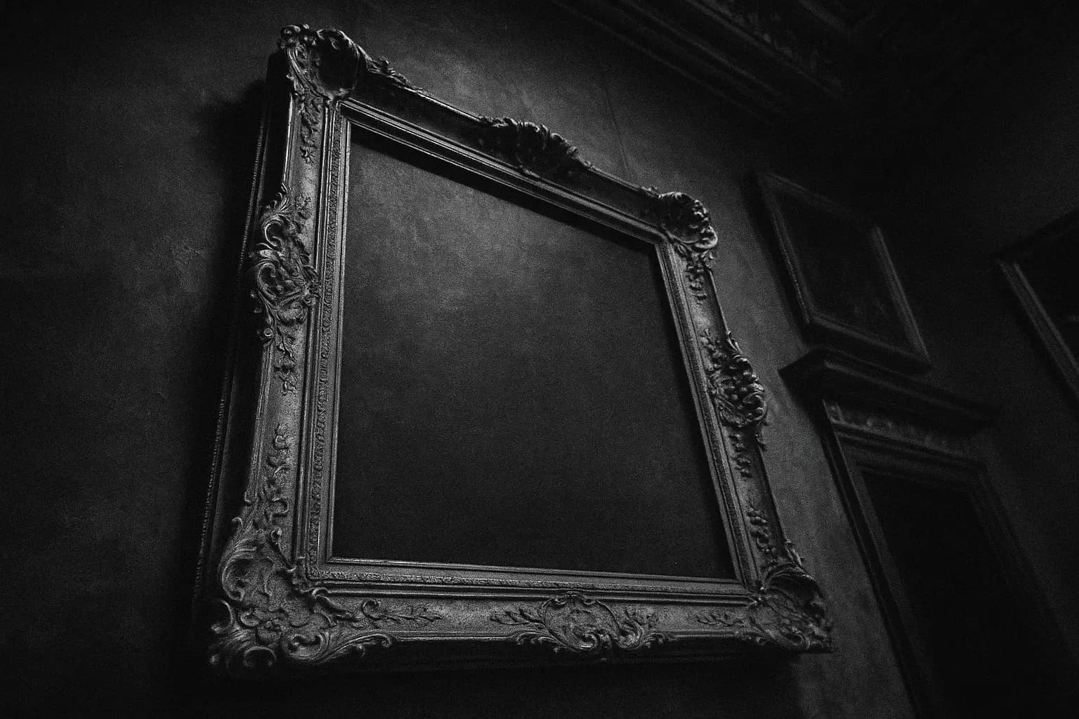 A worn, empty frame in Wawel Castle's gallery, where Raphael's 'Portrait of a Young Man' once hung, dust gathering on its ornate edges, symbolizing decades of mystery and loss after Nazi theft.