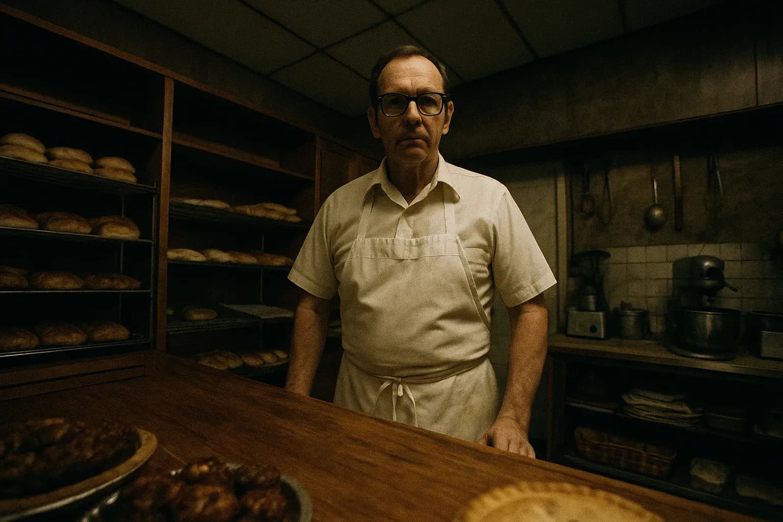 A figure resembling Robert Hansen behind the counter of a small bakery in Anchorage, Alaska, with discreetly visible baking tools and a handwritten menu, hinting at his facade before his arrest as a serial killer