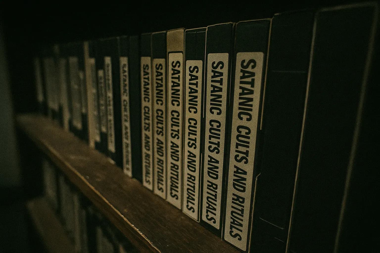 A shelf of VHS tapes featuring talk show segments from the 1980s about satanic cults and rituals, with titles like "Donahue" and "Oprah" visible, highlighting media hysteria during the Satanic Panic era