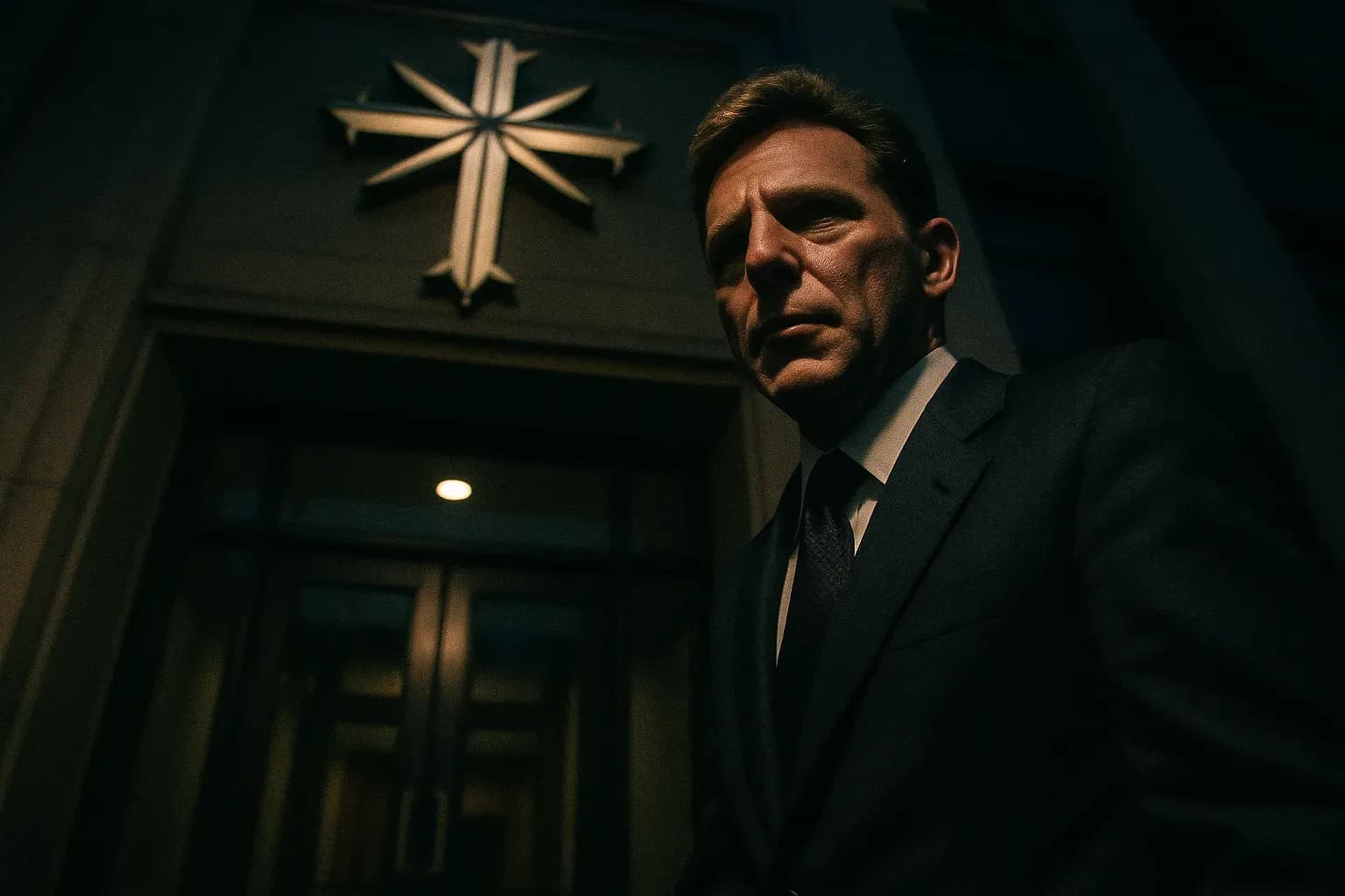 A figure resembling David Miscavige stands near the entrance of a Scientology building, with the Church of Scientology's distinctive cross logo visible above the doorway.