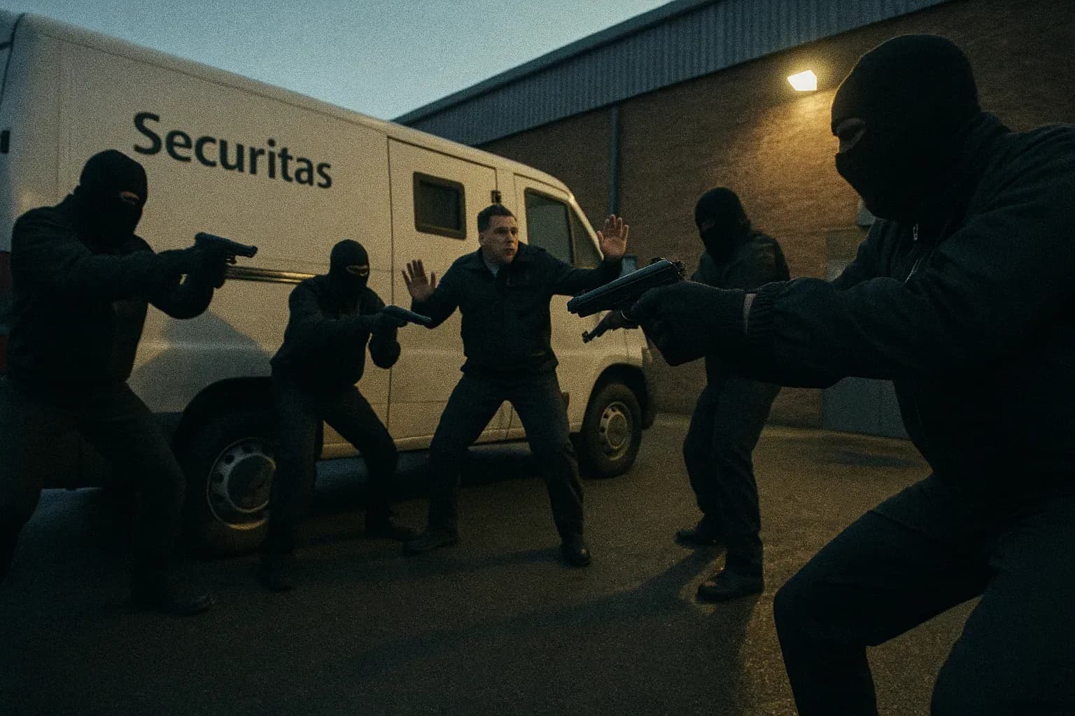 A tense moment outside a Securitas depot with armed assailants wearing masks and dark clothing surrounding a security van, reflecting the chaos during the infamous £53 million heist led by Lee Murray.
