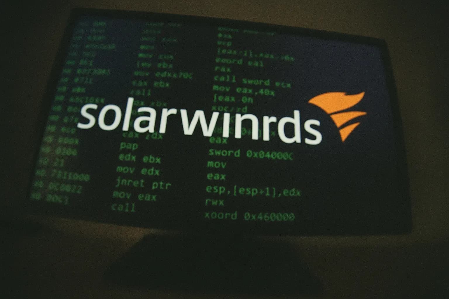 A computer screen displays the SolarWinds logo with malicious code running, symbolizing the cyberespionage breach orchestrated by the Russian SVR hackers.
