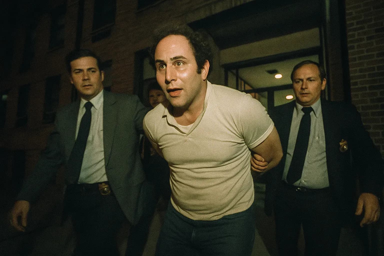A figure resembling David Berkowitz being led away in handcuffs by police officers outside a New York City building, capturing the moment of his arrest that ended the reign of terror.