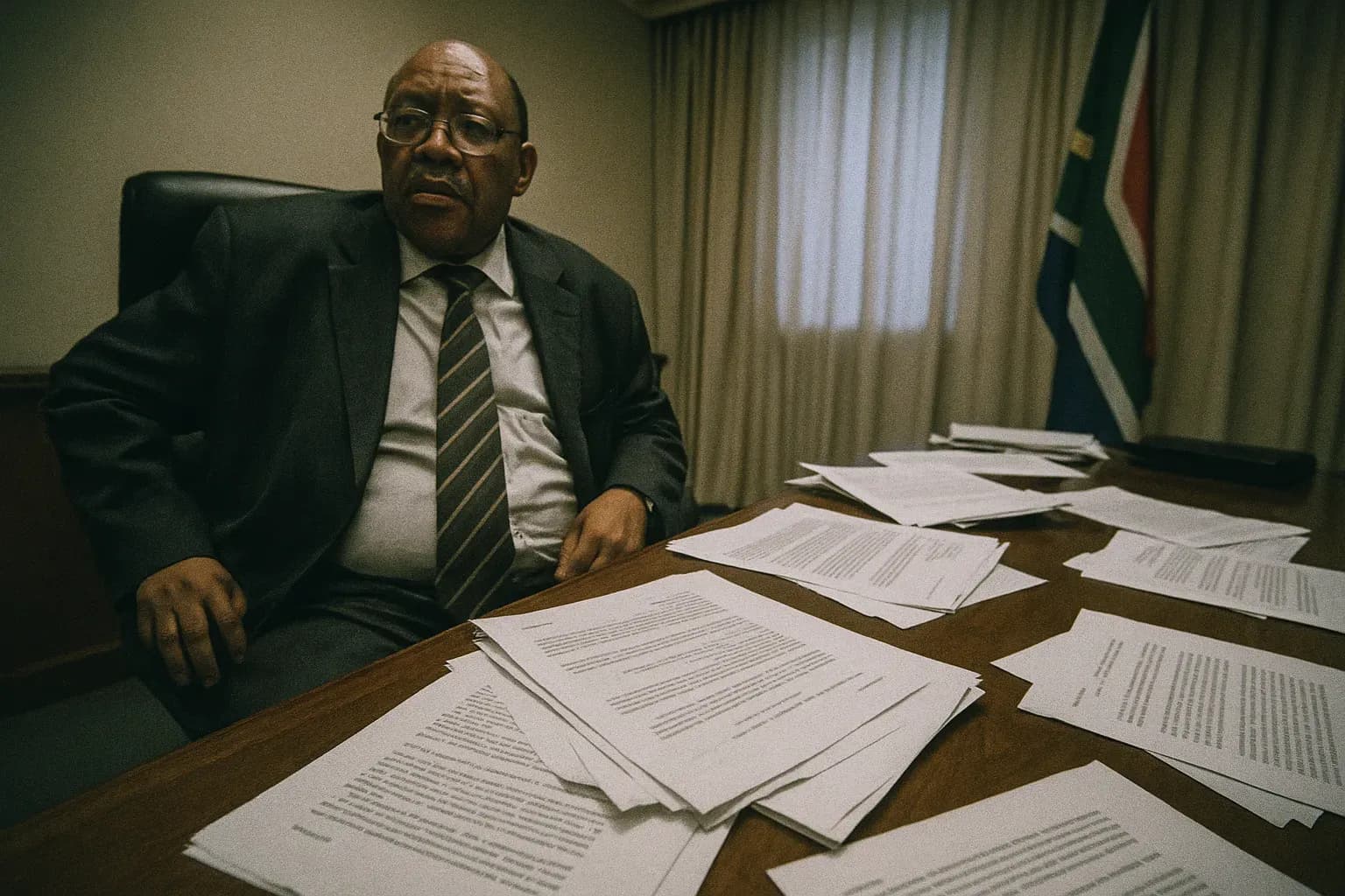 A figure resembling Jackie Selebi, former Interpol president, seated in an office setting amidst scattered legal documents, a South African flag visible in the background.