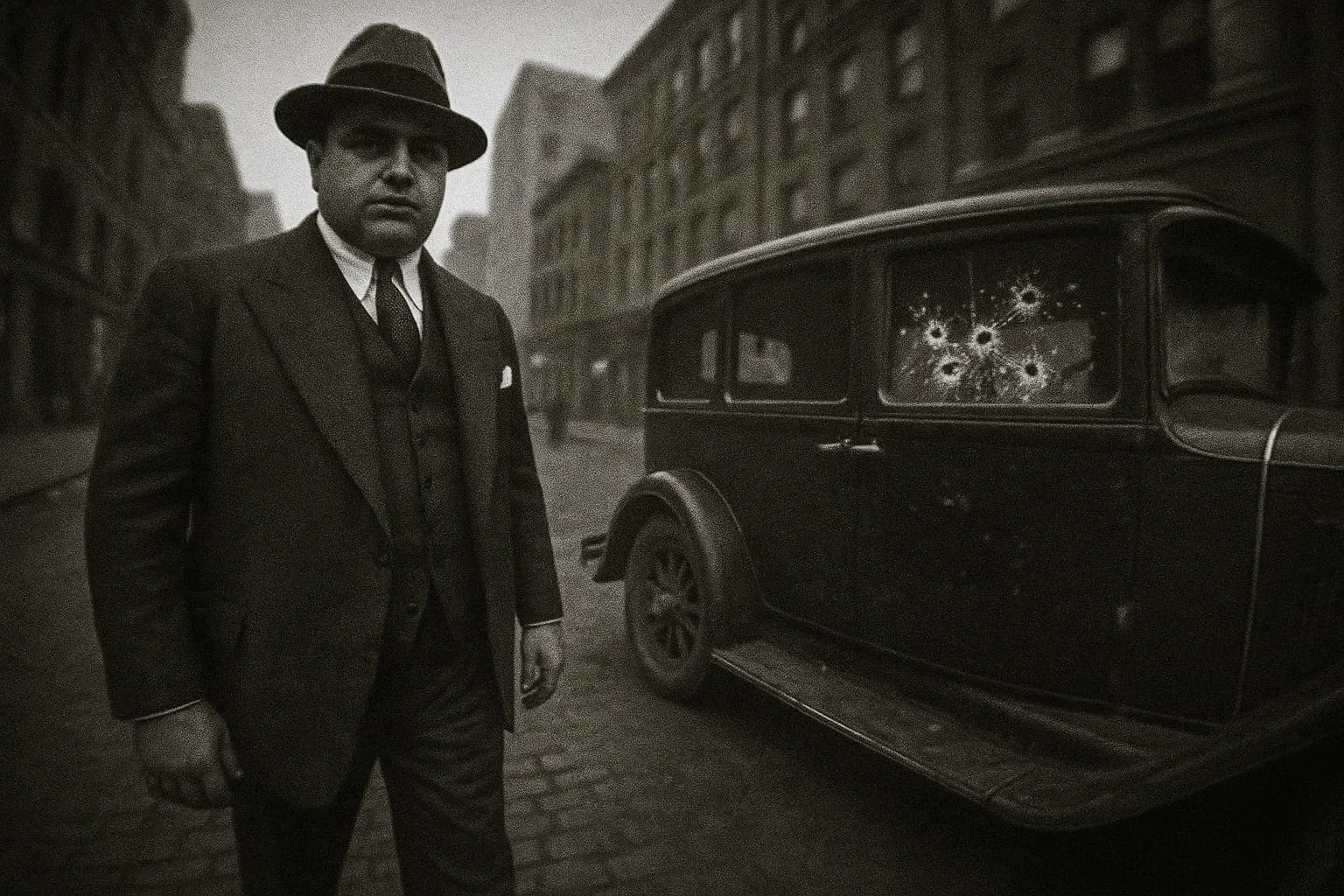 A figure resembling Al Capone stands in a late 1920s Chicago street, wearing a tailored suit and fedora, near an abandoned car with bullet-riddled windows, capturing the aftermath of a gangland shooting.