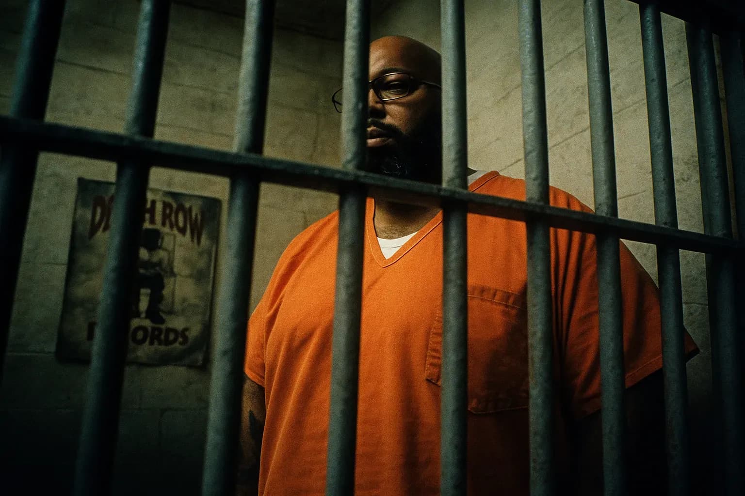 A figure resembling Suge Knight, wearing prison attire, stands behind the bars of a cell, his gaze distant. In the background, a faded poster of Death Row Records hints at his past life in the music industry