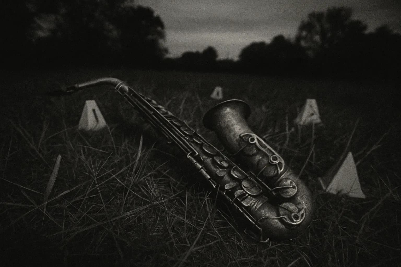 A worn 1940s saxophone lies in the grass near Texarkana, surrounded by police evidence markers, evoking the unsolved mystery of the Phantom Killer's attack on teenagers after a school dance in 1946.