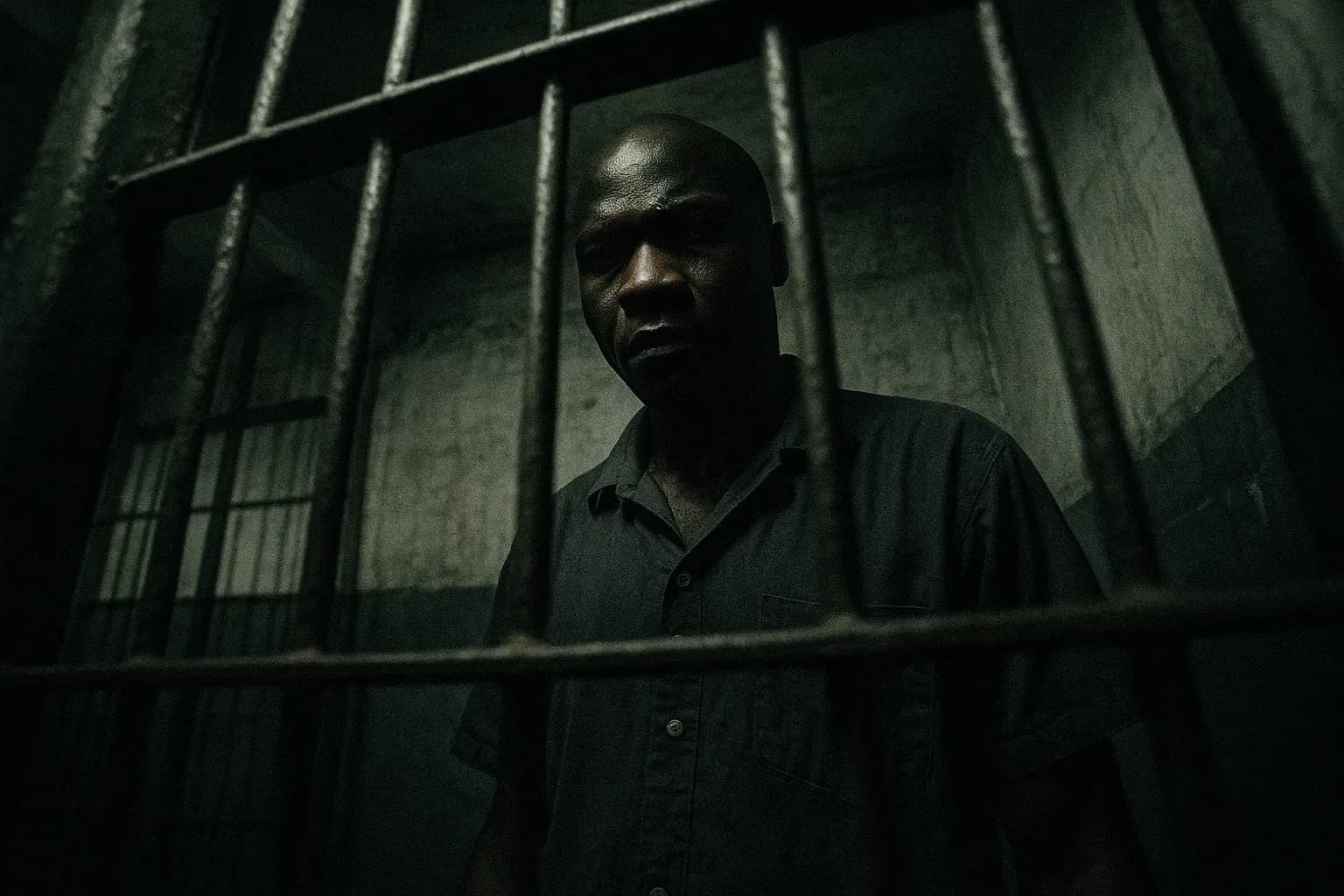 A figure resembling Charles Quansah, known as 'The Accra Strangler', stands behind a barred window of a prison cell, his face partially obscured by shadows, an air of mystery and fear surrounding his presence