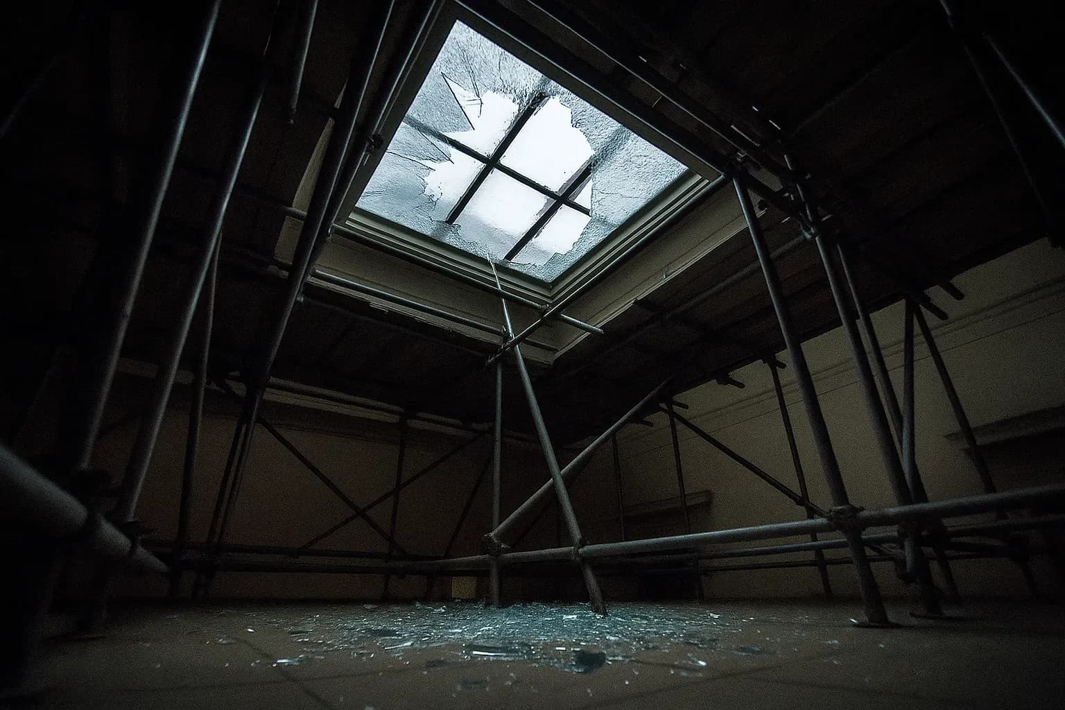 A smashed skylight at the Ashmolean Museum in Oxford, with broken glass scattered on the floor beneath scaffolding, evoking the aftermath of the daring New Year's Eve heist of Cézanne's masterpiece.