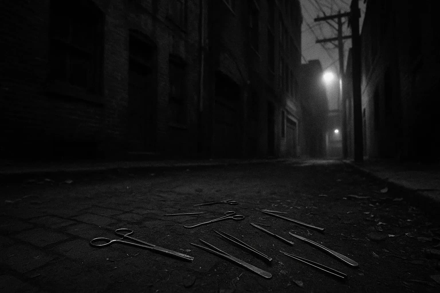 A 1930s Cleveland alleyway with dark shadows and remnants of surgical instruments scattered on the ground, symbolizing the elusive and chilling trail left by the Mad Butcher of Kingsbury Run