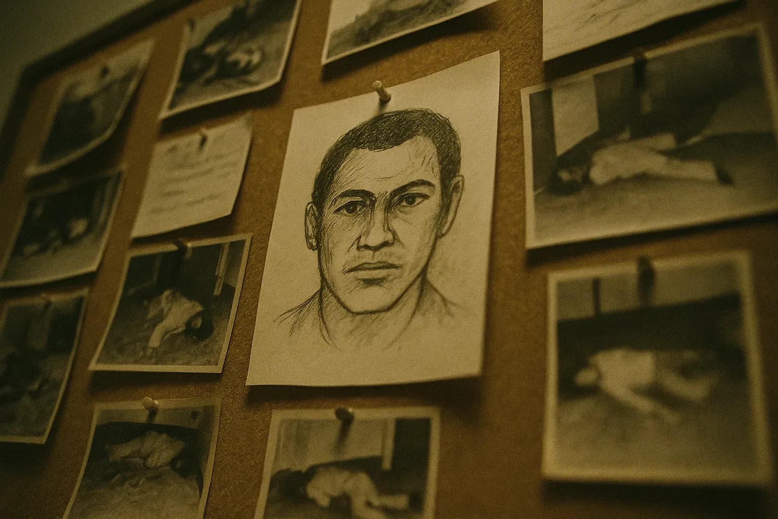 A sketch of a man’s face pinned to a bulletin board in a San Francisco police station, surrounded by faded 1970s crime scene photos and notes, hinting at the hunt for the elusive "Doodler" serial killer