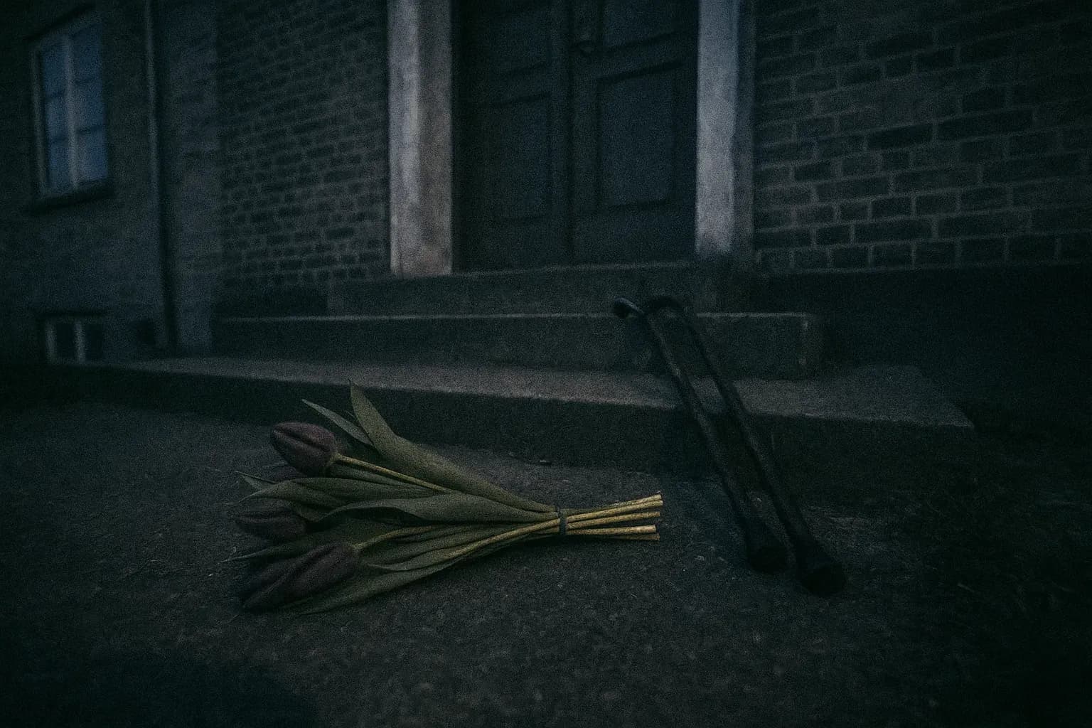 A bouquet of tulips and a pair of walking sticks lie abandoned on the front steps of a house on Peter Bangs Vej, symbolizing the unsolved 1948 double murder mystery of the Jacobsen couple.