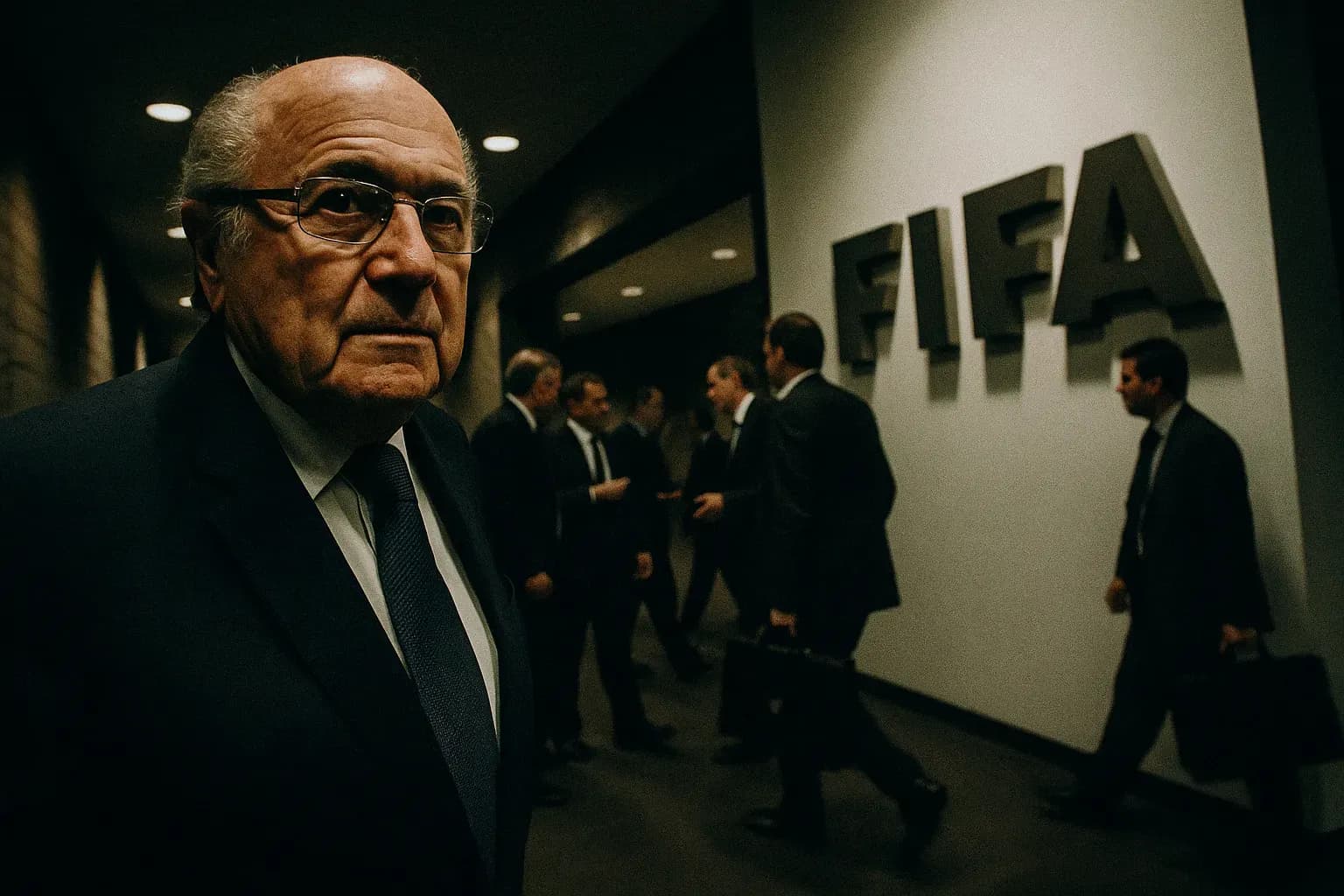 A figure resembling Sepp Blatter stands in front of a FIFA logo sign near a hallway, while suited officials clutch briefcases and the buzz of hushed conversations fills the air