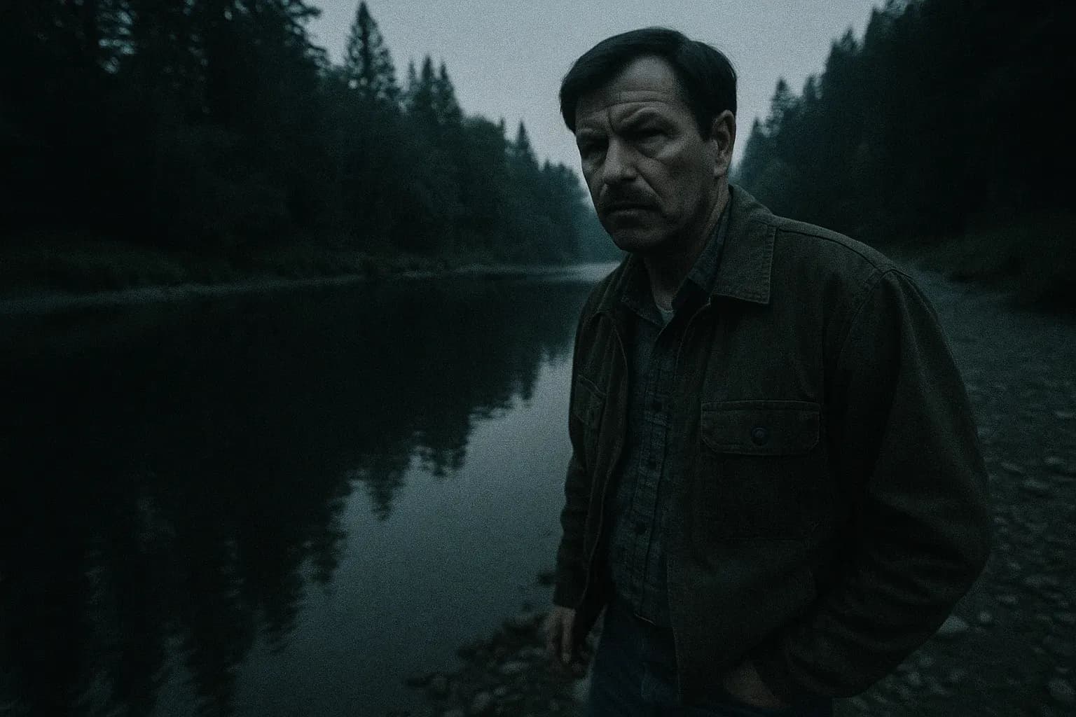 A figure resembling Gary Leon Ridgway stands by a calm section of the Green River, dense woods in the background, evoking the start of the serial killer hunt in 1982.